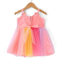 Babyhug Woven Singlet Sleeves Mesh Panelled Party Frock with Pleats & Floral Detailing - Multicolour