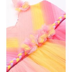 Babyhug Woven Singlet Sleeves Mesh Panelled Party Frock with Pleats & Floral Detailing - Multicolour