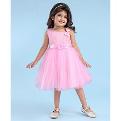 Babyhug Woven Sleeveless Fit & Flared Shimmered Party Frock with Floral Applique & Bow Detailing - Pink