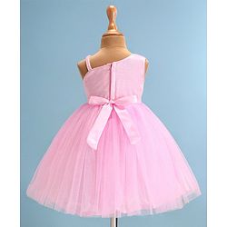Babyhug Woven Sleeveless Fit & Flared Shimmered Party Frock with Floral Applique & Bow Detailing - Pink