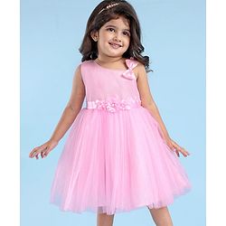 Babyhug Woven Sleeveless Fit & Flared Shimmered Party Frock with Floral Applique & Bow Detailing - Pink