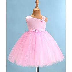 Babyhug Woven Sleeveless Fit & Flared Shimmered Party Frock with Floral Applique & Bow Detailing - Pink