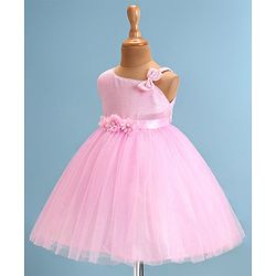 Babyhug Woven Sleeveless Fit & Flared Shimmered Party Frock with Floral Applique & Bow Detailing - Pink