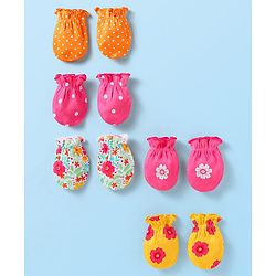Babyhug Interlock Knit Mittens With Floral & Polka Dot Print Pack of 5 - Orange Dark Pink & Yellow