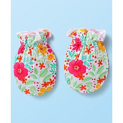 Babyhug Interlock Knit Mittens With Floral & Polka Dot Print Pack of 5 - Orange Dark Pink & Yellow