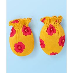 Babyhug Interlock Knit Mittens With Floral & Polka Dot Print Pack of 5 - Orange Dark Pink & Yellow
