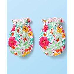 Babyhug Interlock Knit Mittens With Floral & Polka Dot Print Pack of 5 - Orange Dark Pink & Yellow