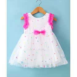 Babyhug Woven Sleeveless Fit & Flared Party Frock with 3D Butterfly Applique - White