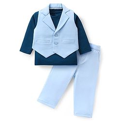 Babyhug Woven Full Sleeves Solid T-Shirt & Trouser Set with Waistcoat -Blue