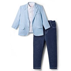 Babyhug Woven Full Sleeves Solid Party Shirt & Jeans Set With Blazer - Light Blue