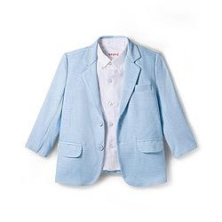 Babyhug Woven Full Sleeves Solid Party Shirt & Jeans Set With Blazer - Light Blue