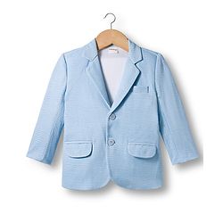 Babyhug Woven Full Sleeves Solid Party Shirt & Jeans Set With Blazer - Light Blue