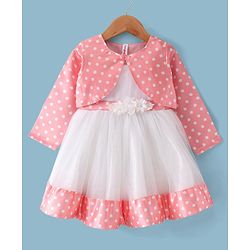 Babyhug Woven Dress With Full Sleeves Shrug Polka Dots Print - White & Peach