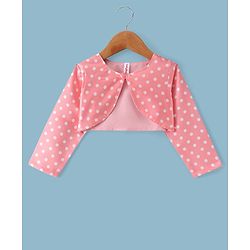Babyhug Woven Dress With Full Sleeves Shrug Polka Dots Print - White & Peach