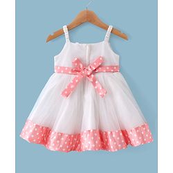 Babyhug Woven Dress With Full Sleeves Shrug Polka Dots Print - White & Peach