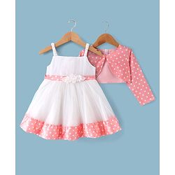 Babyhug Woven Dress With Full Sleeves Shrug Polka Dots Print - White & Peach
