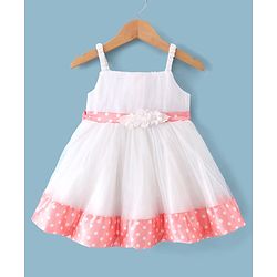 Babyhug Woven Dress With Full Sleeves Shrug Polka Dots Print - White & Peach