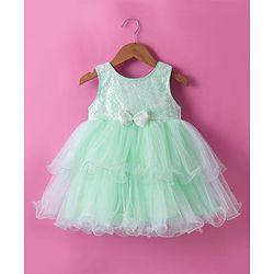 Babyhug Woven Sleeveless Fit and Flare Mesh Party Frock with Sequinned Detailing & Bow Applique -Mint