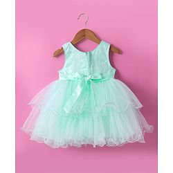 Babyhug Woven Sleeveless Fit and Flare Mesh Party Frock with Sequinned Detailing & Bow Applique -Mint
