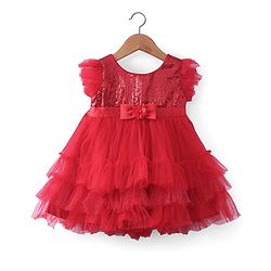 Babyhug Woven Frill Sleeves Fit & Flared Layered Mesh Party Frock with Sequined Yoke Detailing & Bow Applique - Red