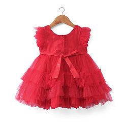 Babyhug Woven Frill Sleeves Fit & Flared Layered Mesh Party Frock with Sequined Yoke Detailing & Bow Applique - Red