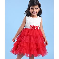 Babyhug Woven Sleeveless Fit & Flared Textured   Party Layered  Frock with Floral Applique - Red & White