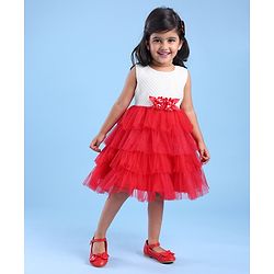 Babyhug Woven Sleeveless Fit & Flared Textured   Party Layered  Frock with Floral Applique - Red & White