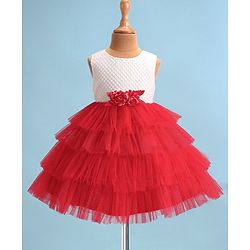 Babyhug Woven Sleeveless Fit & Flared Textured   Party Layered  Frock with Floral Applique - Red & White