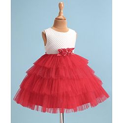 Babyhug Woven Sleeveless Fit & Flared Textured   Party Layered  Frock with Floral Applique - Red & White