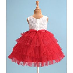 Babyhug Woven Sleeveless Fit & Flared Textured   Party Layered  Frock with Floral Applique - Red & White