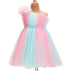 Babyhug  Woven Sleeveless Fit & Flared Party Frock with Self Floral Corsage  & Pearl  Detailing - Pink & Blue