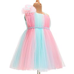 Babyhug  Woven Sleeveless Fit & Flared Party Frock with Self Floral Corsage  & Pearl  Detailing - Pink & Blue