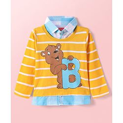Babyhug Cotton Knit Full Sleeves Polo Overlapped T-Shirt with Stripes & Bear Print - Yellow