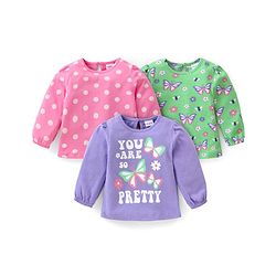 Babyhug Cotton Knit Full Sleeves Tops with Polka Dots  & Butterfly Graphics Pack of 3 - Pink Green & Purple