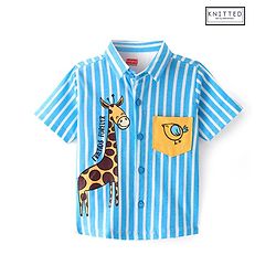 Babyhug Cotton Knit  Half Sleeves Striped Shirt with Giraffe Print - Blue