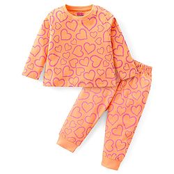 Babyhug Cotton Knit Full Sleeves Night Suit With Hearts Print - Orange