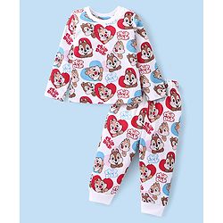 Babyhug Disney Cotton Knit Full Sleeves Night Suit With Chip 'n Dale Print - White