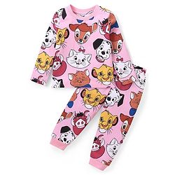 Babyhug Disney Cotton Knit Full Sleeves Night Suit With Multi Characters Print - Pink