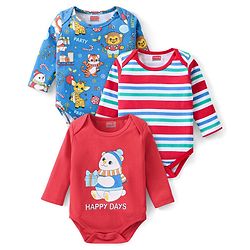 Babyhug 100% Cotton Interlock Full Sleeves Striped Onesies Animal Print Pack of 3 - Red & Blue