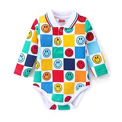 Babyhug 100% Cotton Knit Full Sleeves Collared Onesie with Smiley Print - White