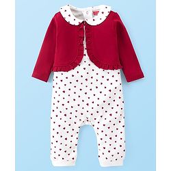 Babyhug Interlock Knit Full Sleeves Peter Pan Collor Romper With Booties Heart Print - Red
