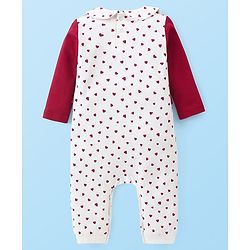 Babyhug Interlock Knit Full Sleeves Peter Pan Collor Romper With Booties Heart Print - Red