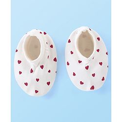 Babyhug Interlock Knit Full Sleeves Peter Pan Collor Romper With Booties Heart Print - Red