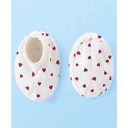 Babyhug Interlock Knit Full Sleeves Peter Pan Collor Romper With Booties Heart Print - Red