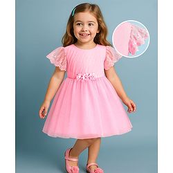 Babyhug Woven Half Flutter Sleeves Fit & Flared Mesh Shimmered  Party Frock with Pleated & Floral Detailing - Pink