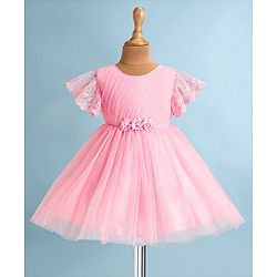 Babyhug Woven Half Flutter Sleeves Fit & Flared Mesh Shimmered  Party Frock with Pleated & Floral Detailing - Pink