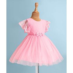 Babyhug Woven Half Flutter Sleeves Fit & Flared Mesh Shimmered  Party Frock with Pleated & Floral Detailing - Pink