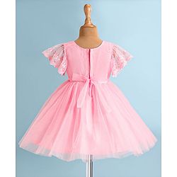 Babyhug Woven Half Flutter Sleeves Fit & Flared Mesh Shimmered  Party Frock with Pleated & Floral Detailing - Pink