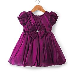Babyhug Woven Half Puffed Sleeves Fit & Flared Party Frock with Bow Applique - Purple