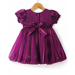 Babyhug Woven Half Puffed Sleeves Fit & Flared Party Frock with Bow Applique - Purple